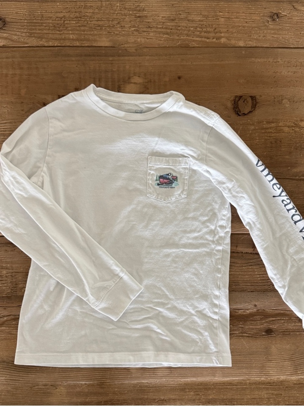 Vineyard Vines White Long Sleeve Pocket Shirt with Logo Sleeve Print